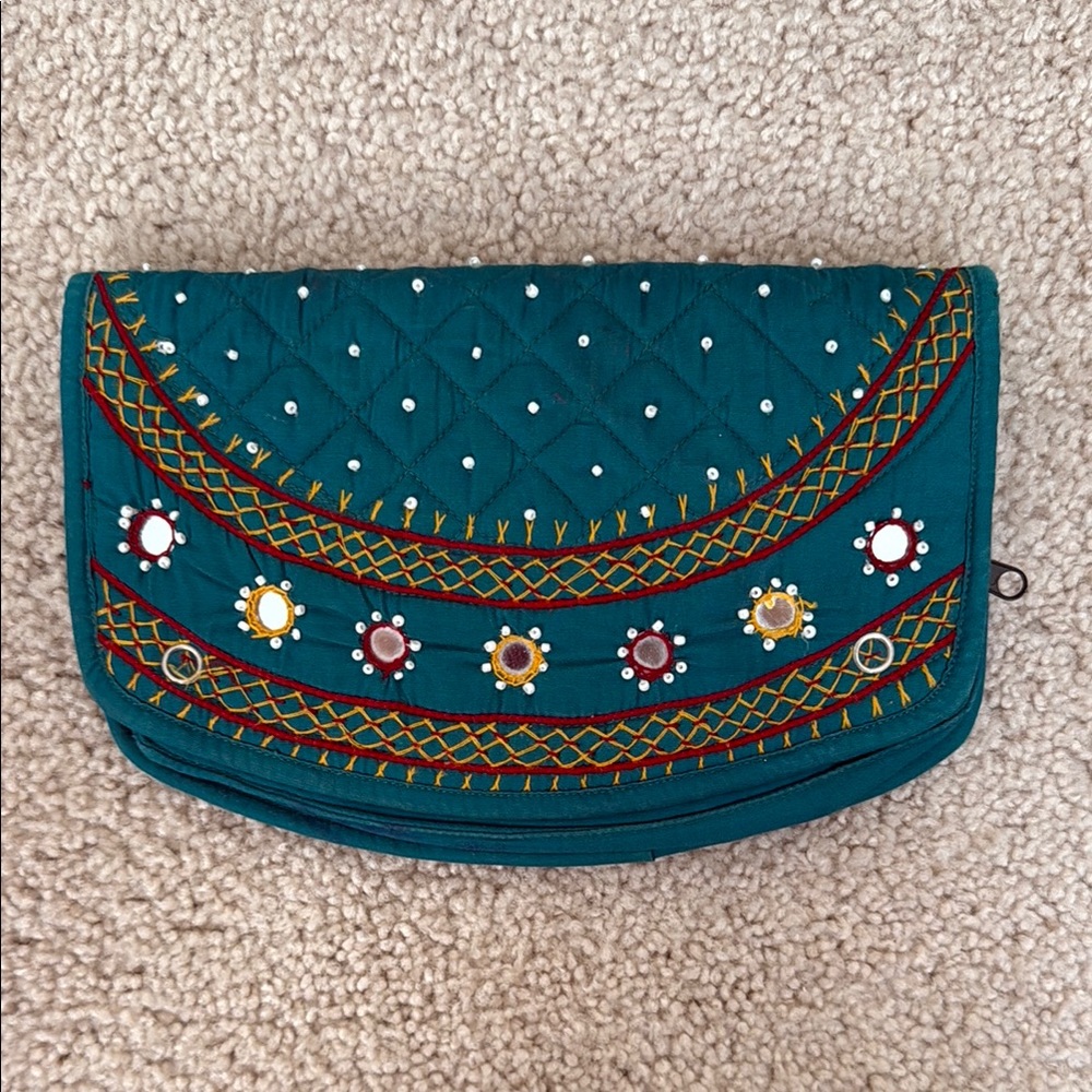 Embroidered Teal Clutch